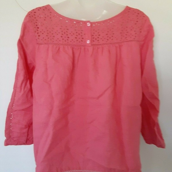 J. CREW Vintage Pink or Coral Linen and Lace Eyelet Boho Peasant Blouse Size XS - Picture 2 of 8